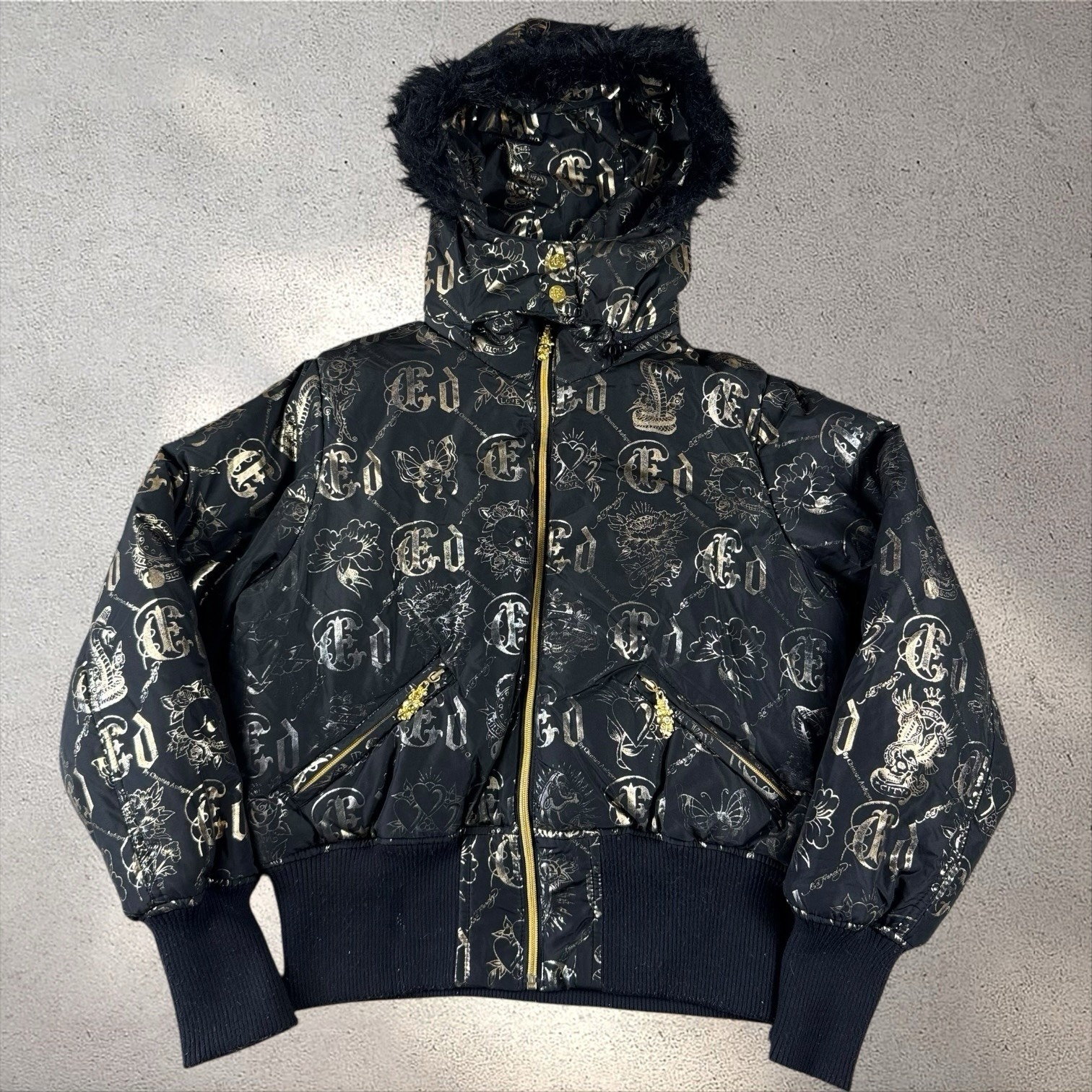 Y2k Ed Hardy Christian Audigier Cropped Fur Hooded Tattoo Aop Jacket Coat Sz Xl